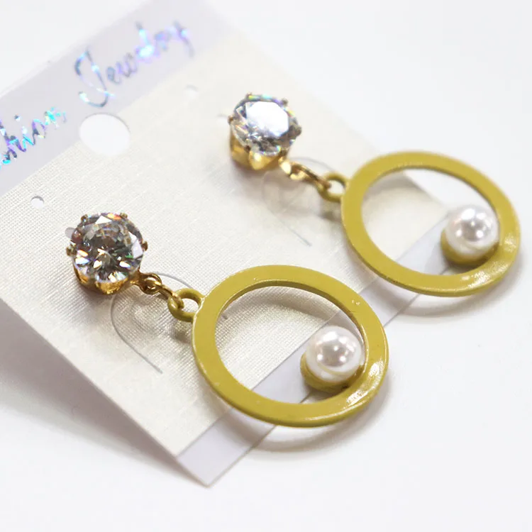 

Women New Design Alloy Yellow Round Stud Earrings With Rhinestone Pearl, As picture