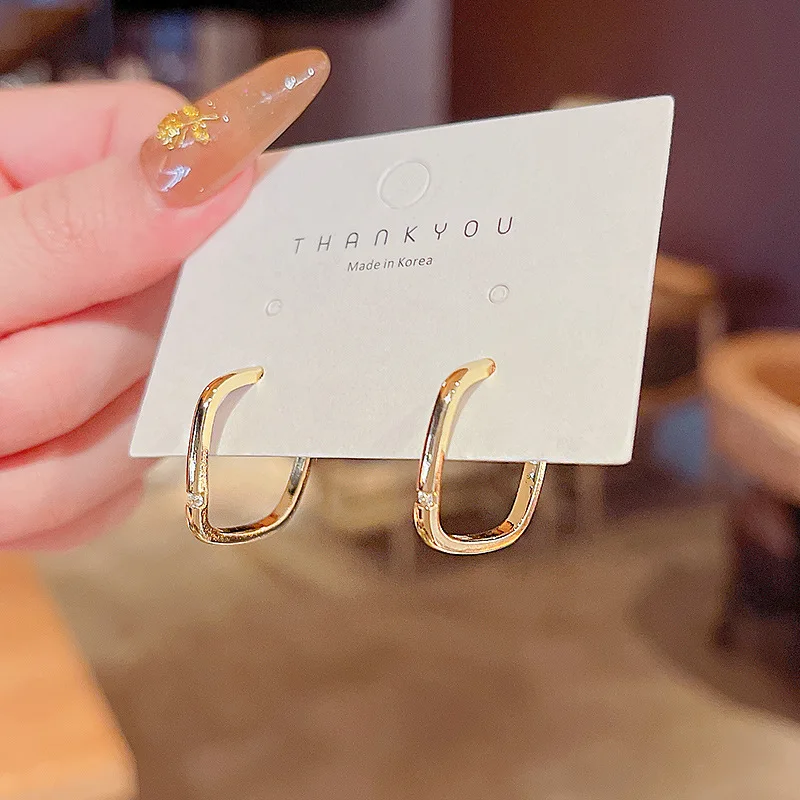 

Fashion Minimalist Real Gold Plated Diamond Geometric Circle Earring 925 Silver Post CZ Zircon Square Hoop Earrings