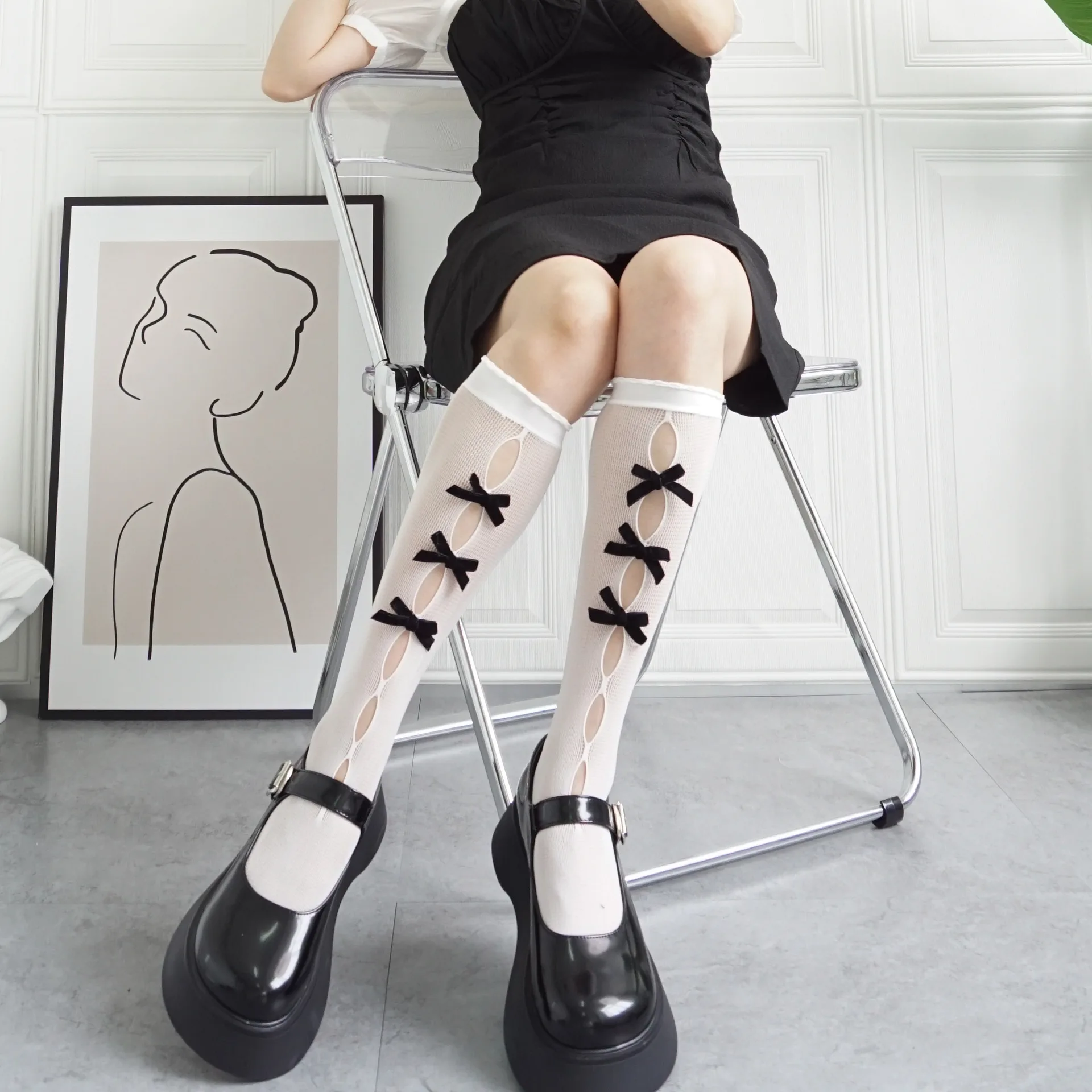 

New Fashion Comfortable Soft Fishnet Bow knot Knee high Transparent socks Stocking Lolita for Girls