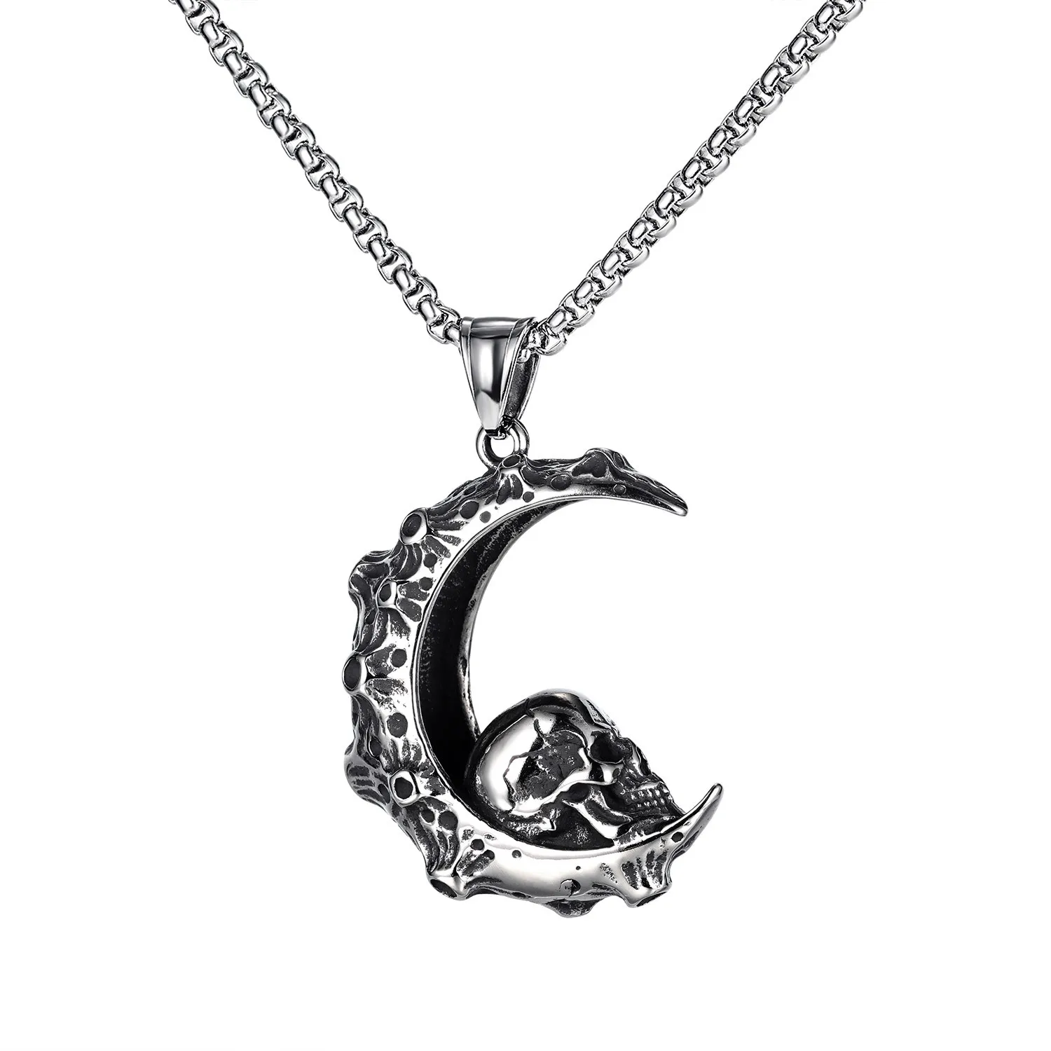 Hip hop jewelry stainless steel crescent moon pendant skeleton necklace