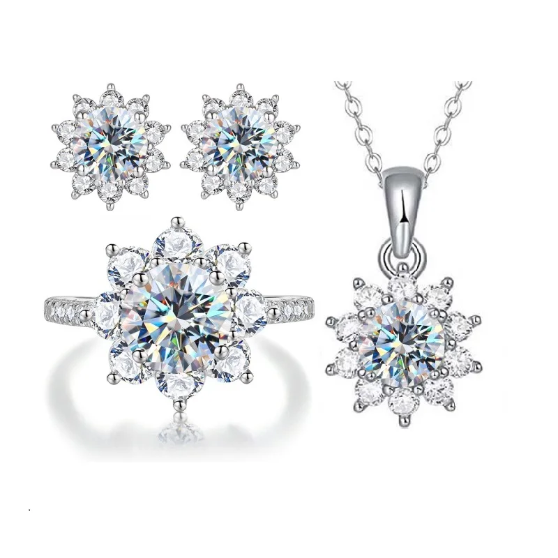 Gra VVS1 1ct 6.5mm Moissanite Diamond sun flower Earrings ring necklace 925 Sterling Silver gold women wedding fine Jewelry set