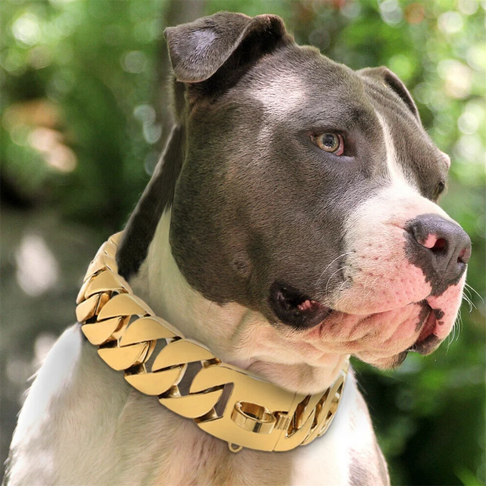 

Cuban Chain Pet Collar Products Big Dog Training Collar Heavy Duty Pet Product Gold Plated Metal Stainless Steel Dog Chain, Gold/customized color