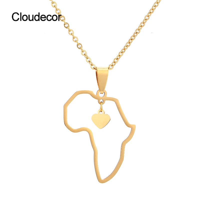 

Stainless Steel Africa Necklace Outline 18k Real Gold Necklace Men Women Hollow African Map Necklace Jewelry With Heart Inside, 18k gold