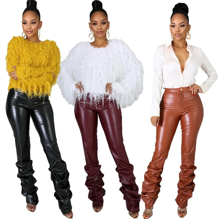 

Fashion Casual Fall Clothing Ruched Trousers Jogger Leggings Women PU Stacked Leather Pants, Black / wine red / brown