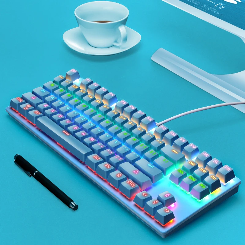 

2021 Best Seller 78 Keys Blue Rainbow Glowing Mechanical Gaming Computer Metal Wired Keyboard for Laptop PC E-Sport Game, Black/white/pink/blue