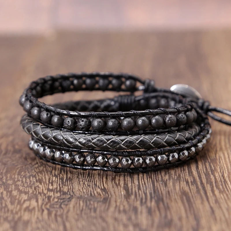 

Stainless steel chain charm wrap bracelet black lava stone braid Vintage Leather Bracelet Handmade Unique personality Bracelet