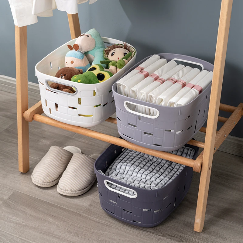 

160 Hot Sell Multifunctional Clothing Laundry Plastic Storage Basket Woven Shallow Storage Basket, White ,gray,dark gray