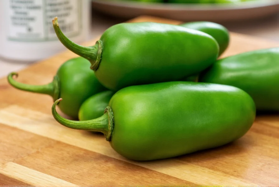 Close-up of fresh jalapeño peppers on a wooden cutting board with nutritional facts displayed