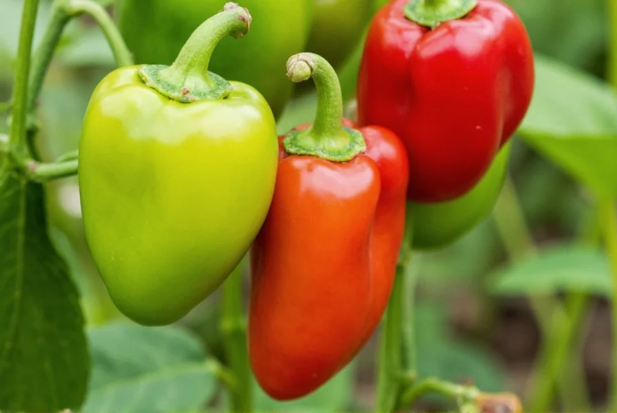 Close-up of Pepper Express bell peppers on plant showing vibrant green to red color transition