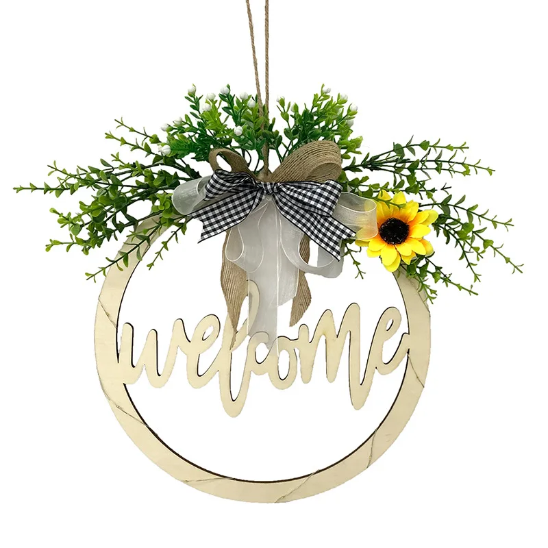 

Welcome Sign Wreath for Front Door Rustic Decor Hanging Welcome Sign with Lights for Farmhouse Porch Greenery Wreath Decoration