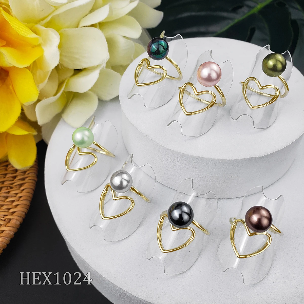

Hawaiian fashion jewelry lady heart type adjustable pearl ring, As shown