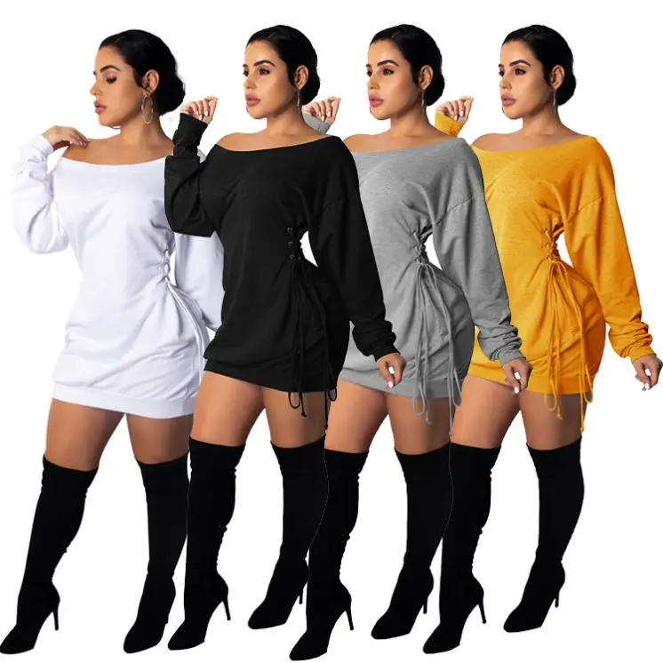 

Hot Sexy Women Solid Long Sleeve Off Shoulder Clothing High Waist Nightclub Evening Party Dress Casual Wear Sweatshirts