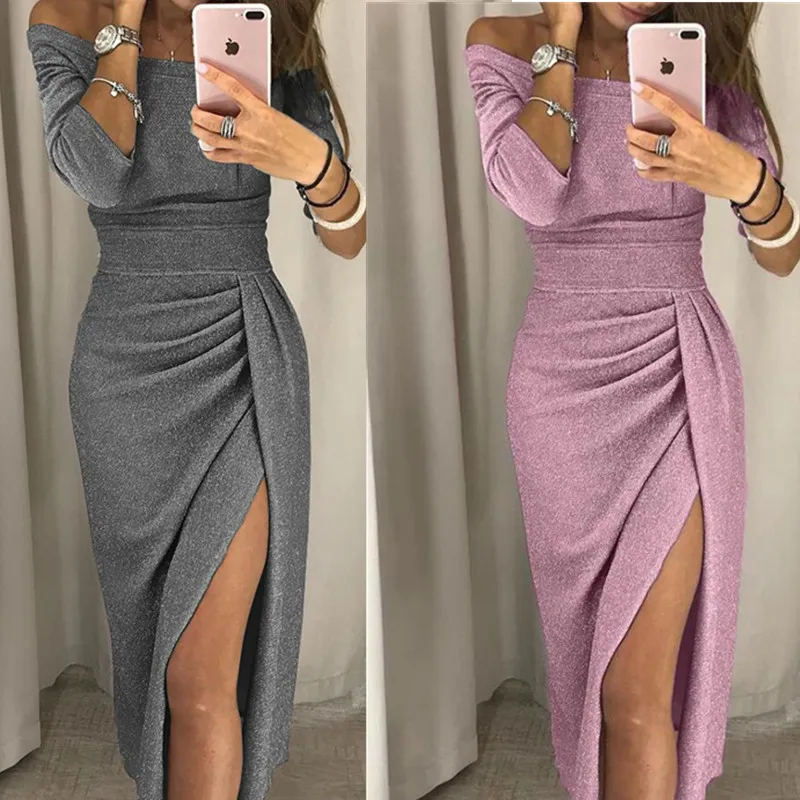 

QZ181012 2021 New Style European And American Womens Evening Dresses With Buttock Slit And Slash Collar Dinner Dress Party Dress