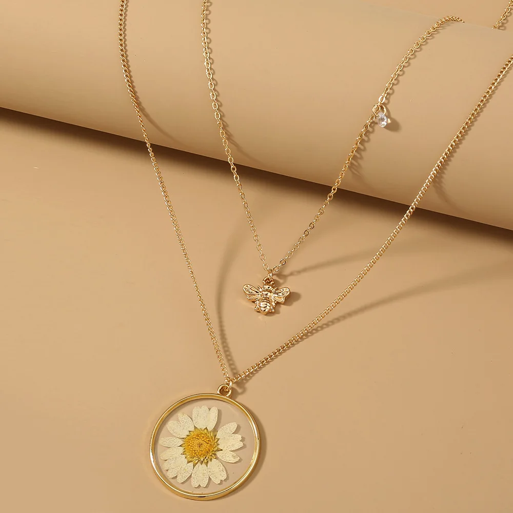 

2021 Sunflower Handmade Transparent Daisy Dried Pressed Real Flower Bee Pendant Jewelry Necklace, Gold
