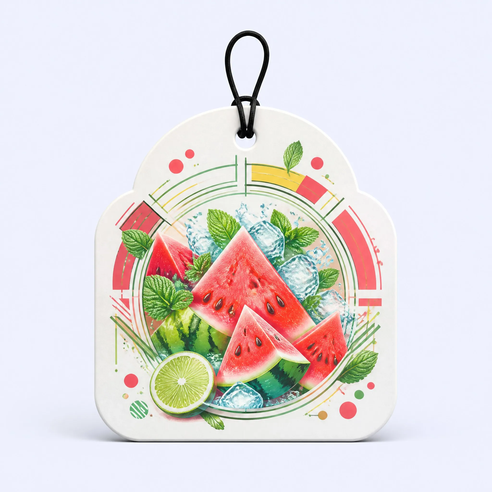 Custom Summer Iced Watermelon and Lime Mint Car Air Freshener Front View with Arched Silhouette
