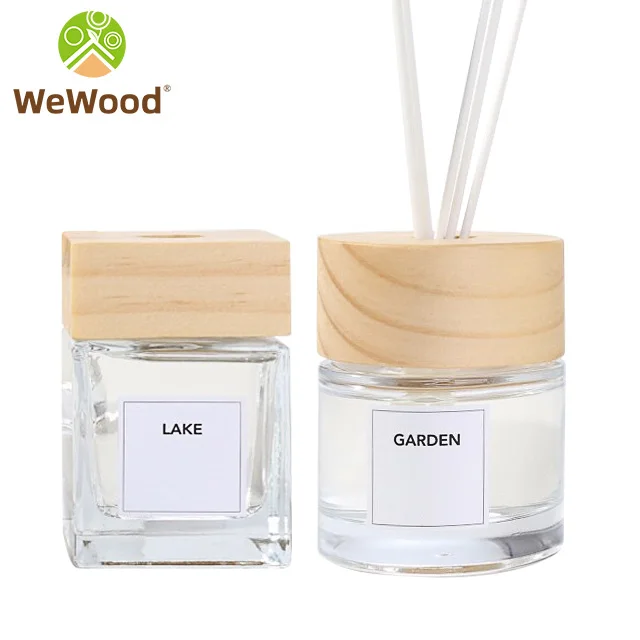 

Luxury Sample Round Home Aroma Oil Empty Reed Glass Diffuser Bottle With Wood Lid