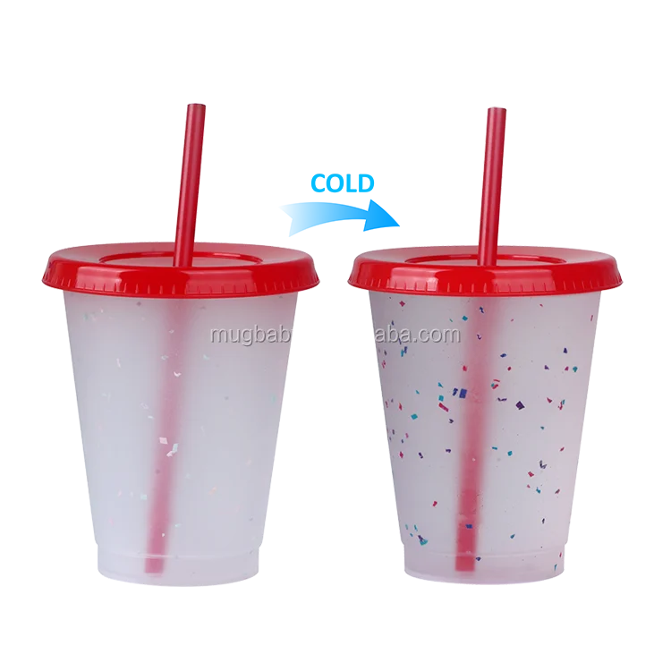 

10OZ cute Reusable Plastic clear Color Changing Con-fetti Tumbler Cups with Straws, Customized color plastic pp cup