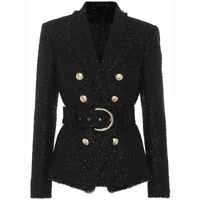 

HIGH QUALITY New Fashion 2019 Fall Winter Designer Blazer Jacket Women's Silver Glitter Lacing Belt Blazer Coat