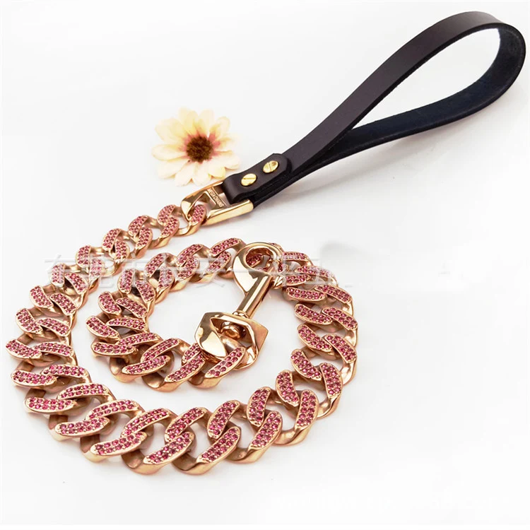

Amazon hot sale new 32MM stainless steel big dog collar gold red diamond dog chain luxury pet leash, As pictures