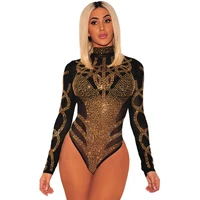 

Sexy Gold Rhinestone Faux Bustier Mesh Long Sleeve Black Wholesale Women Bodysuits