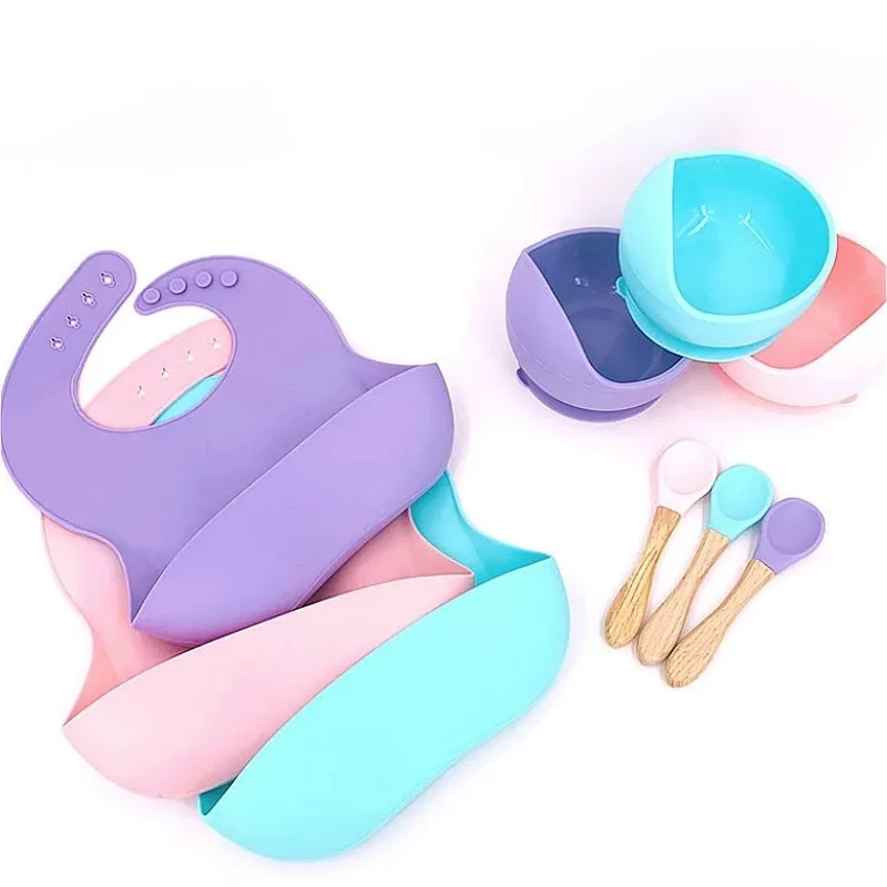 

Amazon Hot Sale 3pack Kids Toddler Soft Spoon Suction Training Bowl Food Dishes Bib Silicon Baby Feeding Set Tableware