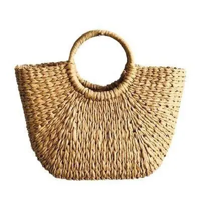 

Natural Round Handle Ring Tote Retro Large Casual Summer Beach Handbags, Black
