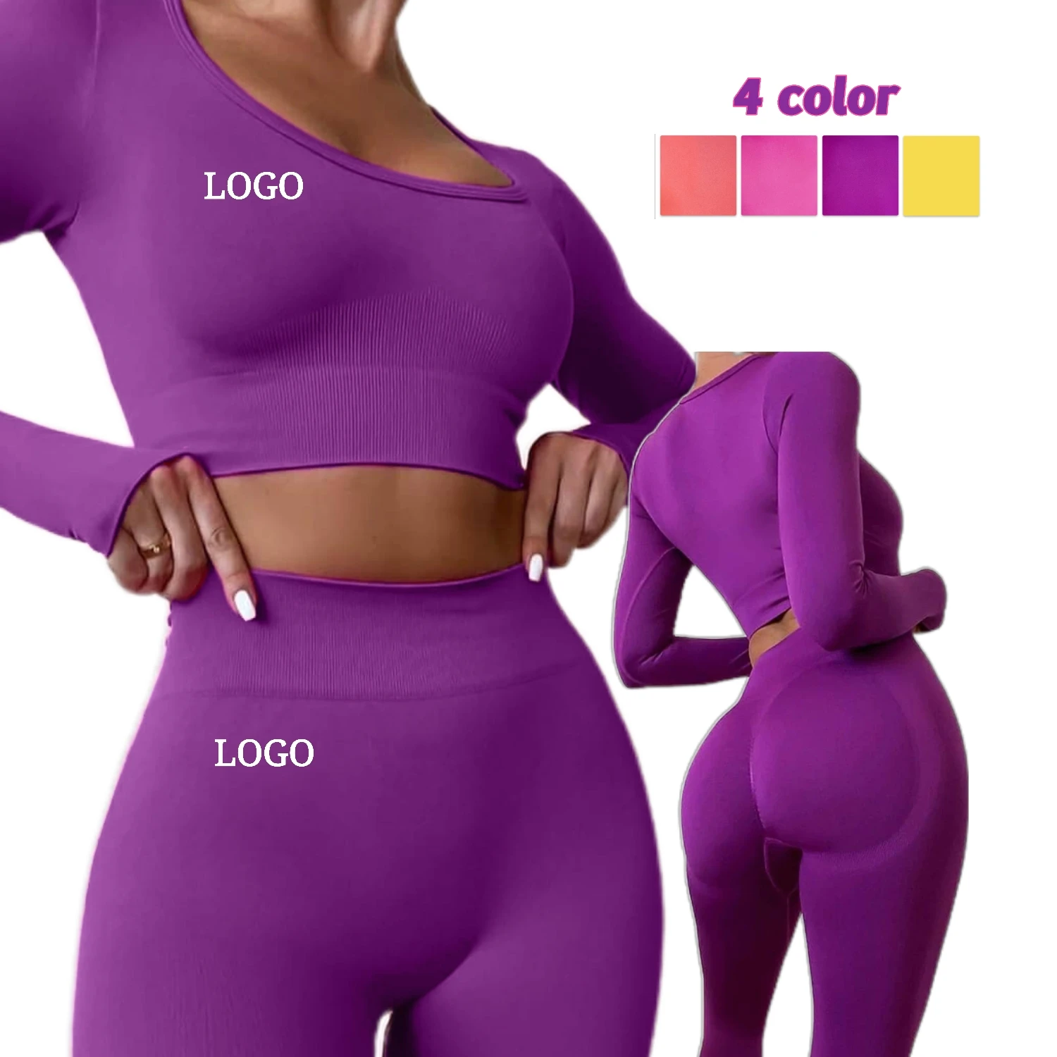 

Newest Seamless Active Wear Women Fitness Yoga Sets Long Sleeve Scrunch Butt Leggings Sport Suit, As shown