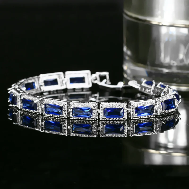 Fashion Design Women Wedding Wristband Jewelry Silver Plated Bracelet with Princess Cut  Blue Color Square Cubic Zirconia Stone