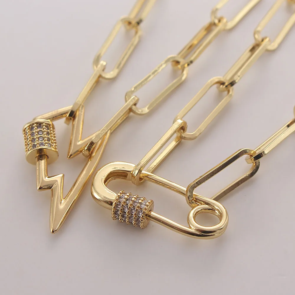 

MHS.SUN Wholesale lightning&Paperclip Designs Pendant Necklace With 3A Zircon Screw Clasp Fashion Women Men Chunky Chain Choker, Gold