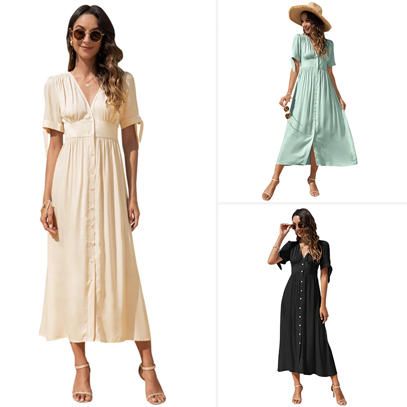 

Amazon 2021 summer new fashion Breasted V-neck waist strap dress cuffs luxury dress button up dress