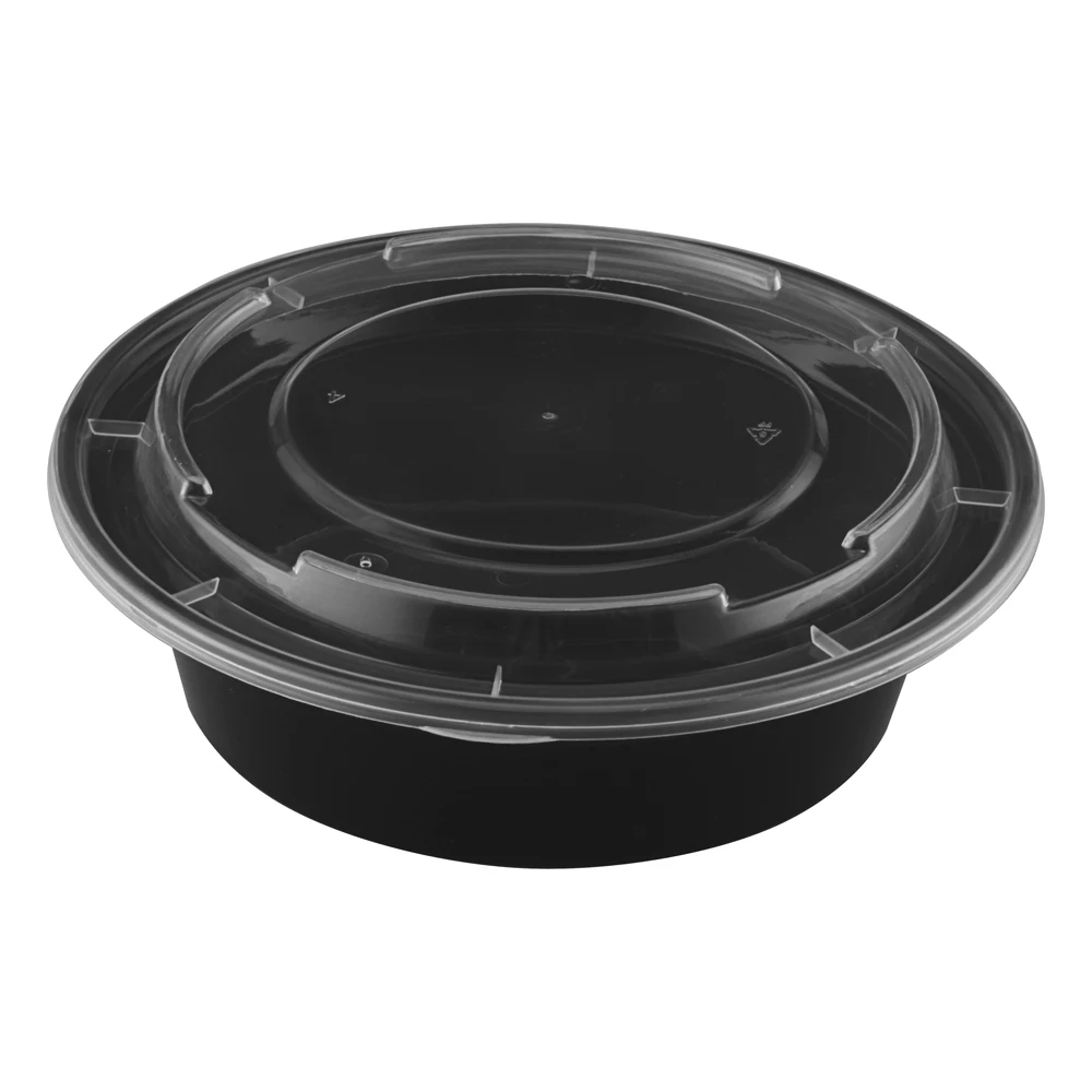 

24 OZ PP Restaurant Take Away Packing Disposable Plastic Round Food Container For Fast Food With Lid, Base:black, lid:clear or customized