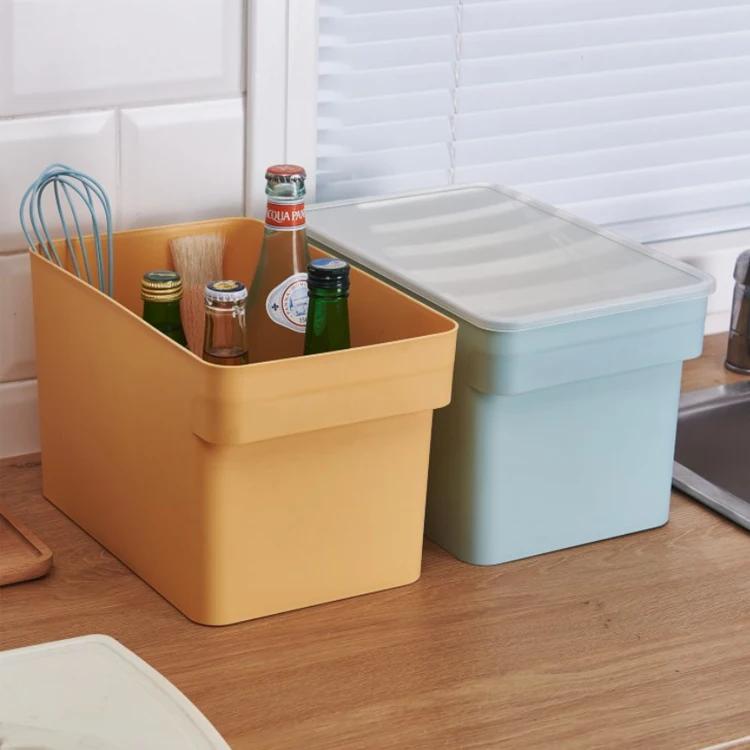 

Plastic household sundries organizer storage box with sliding lid, Yellow and blue