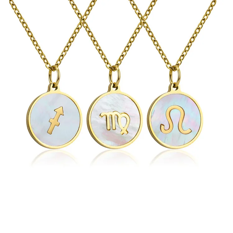 

High Quality Gold Plated Stainless Steel White Shell Disc Horoscope Pendant Chain Zodiac Necklace Jewelry for Men