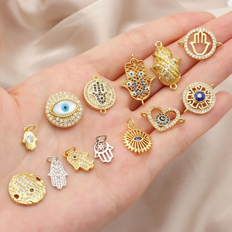 

Good quality 2021 summer trendy hamsa pendant 18K gold plated turkish evils eye bracelet charms for DIY jewelry making