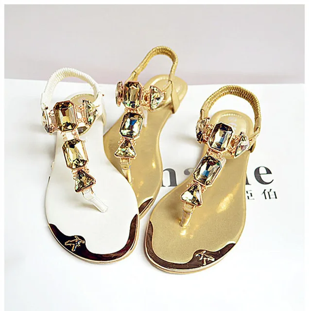 

Free Shipping Stylish Beach Gold PU Shoes Rhinestones Flat Flip Flop Beach Crystal Sandals, Requirement