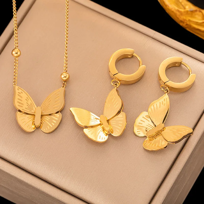 

2 pieces/set Butterfly Earrings Necklace Stainless Steel Set Luxury Women's Party Earrings Pendant Necklace Jewelry Set