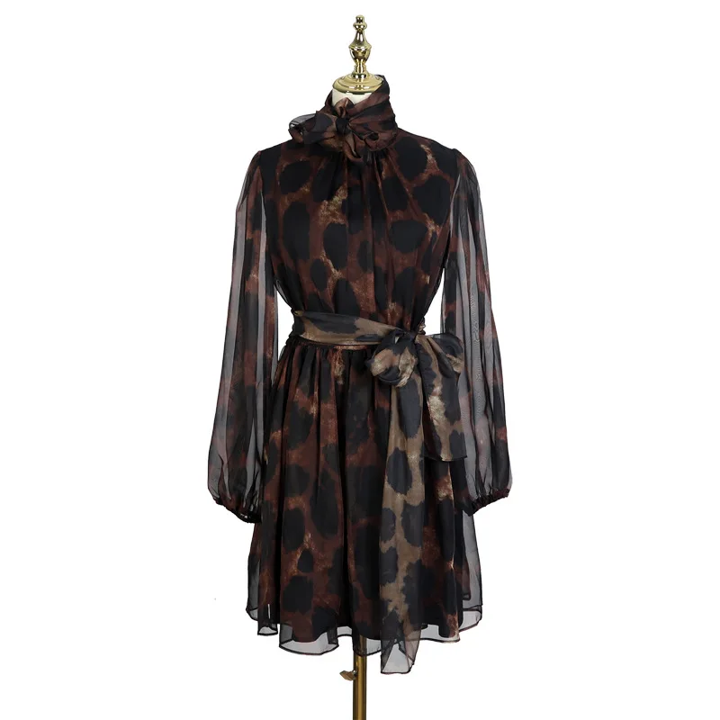 

2019 New style dress with long sleeve fashion leopard print ladies skirt with bow ribbon waist and irregular hem