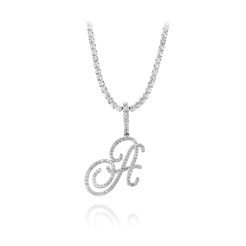 

New A-Z Cursive Letters Name Pendant &Necklace Iced Out Cubic Zircon Gold Silver Color Charm Hip Hop Jewelry