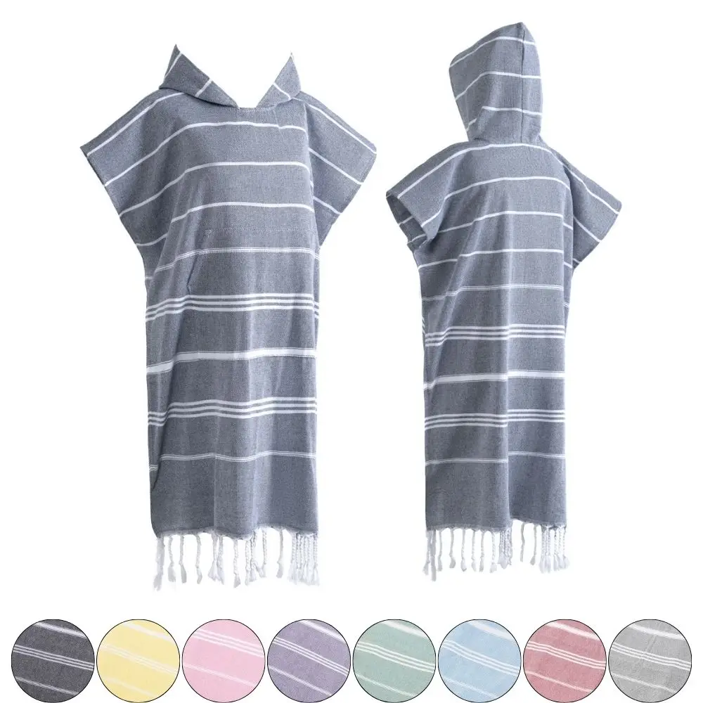 Quick Dry Soft Eco-Friendly Hooded Beach Robe 100% Cotton Turkish Tassels Poncho Towel Adult Striped Pattern Swimming
