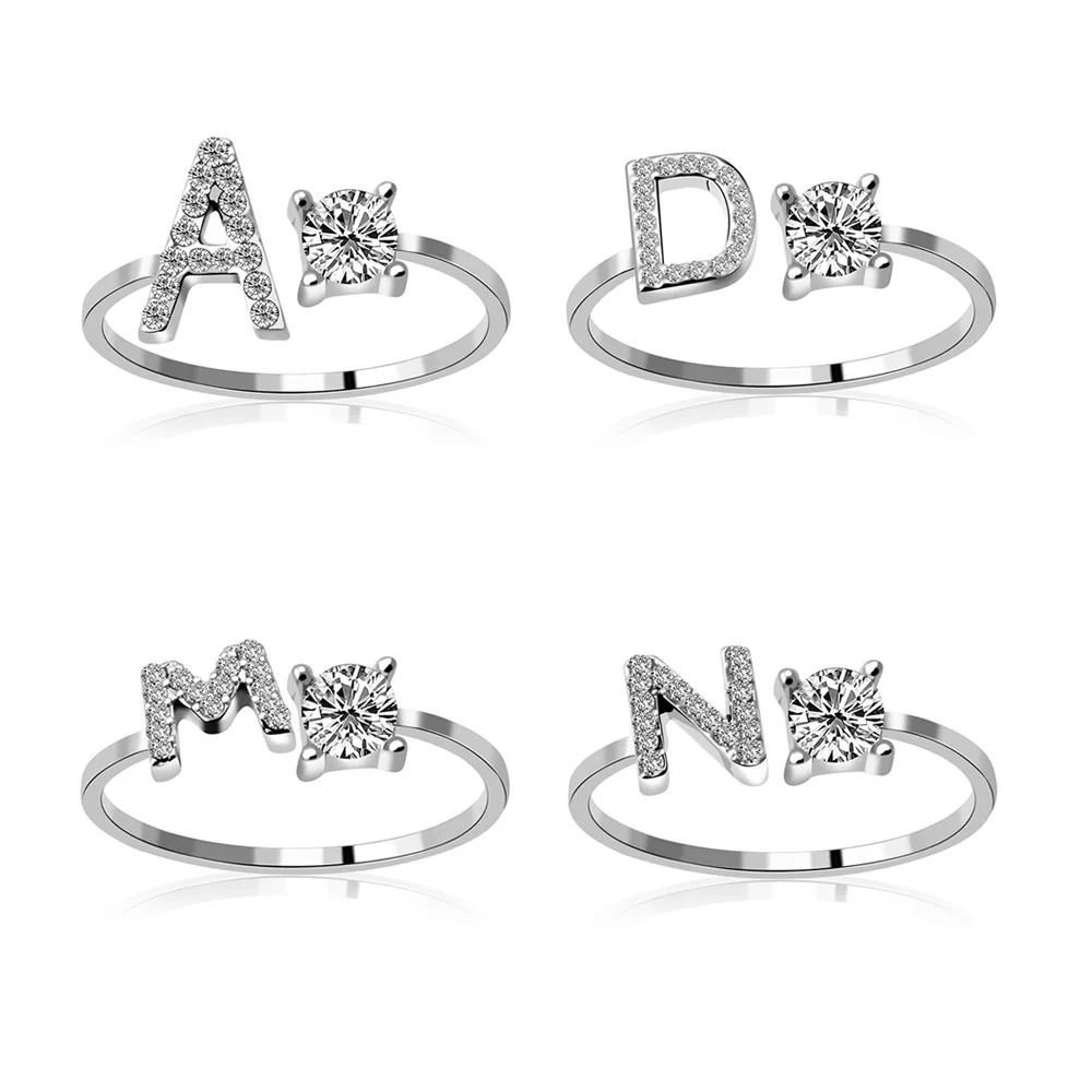 

New Style Personalized Custom Initial Letter A To Z Zircon Adjustable Ring For Women