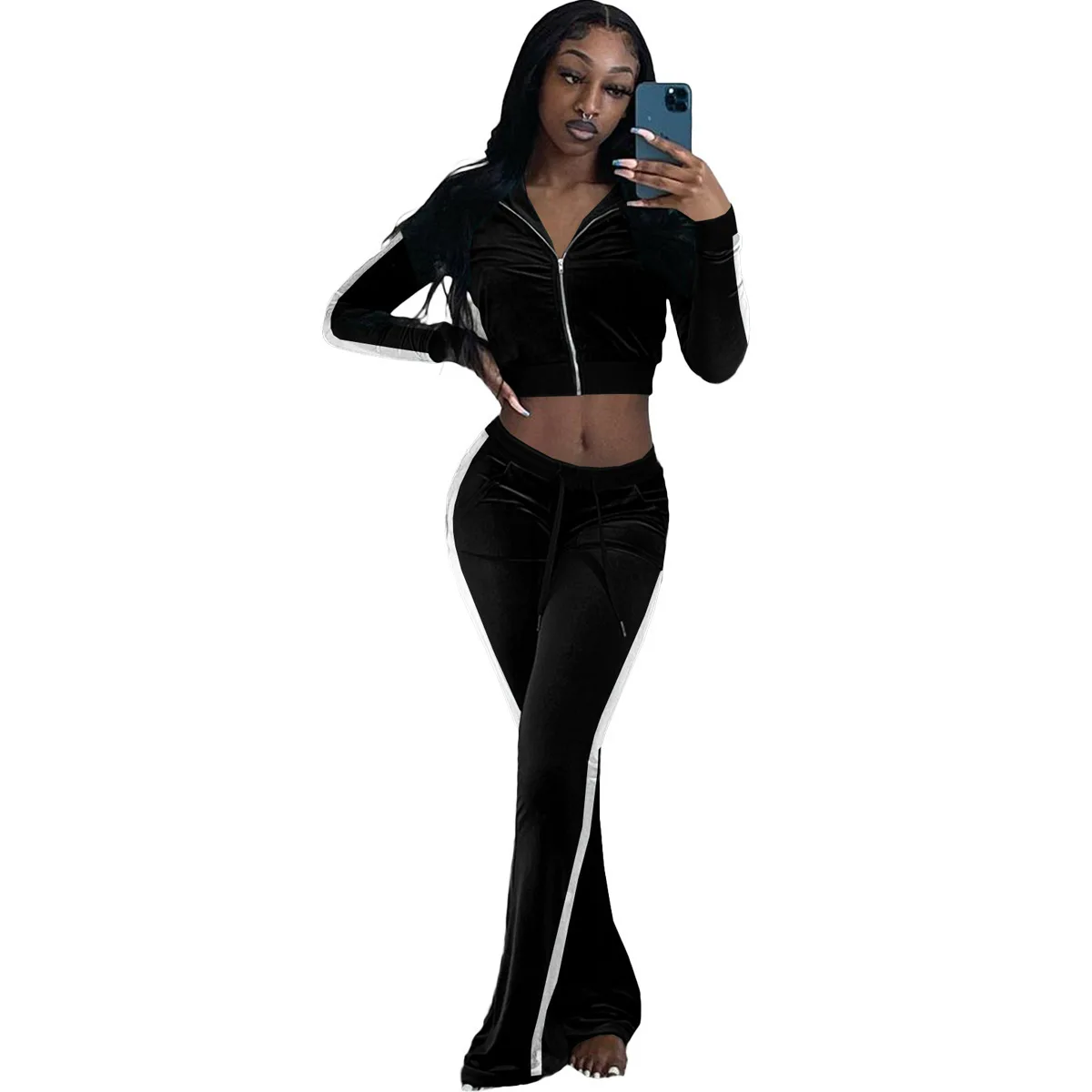 

Women's Two-piece Color-blocking Cardigan Long-sleeved Sexy Casual Sports Suit Women