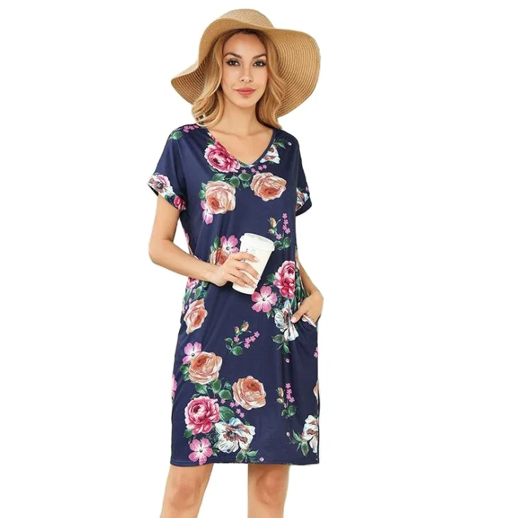 

Print V Neck Short Sleeve T Shirt Dress Women Summer Simple Casual Slim Mini Dres
