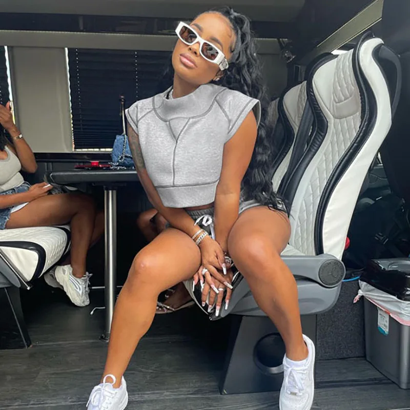 

Fashion 2021 Fall Clothing Gray Loose Sleeveless Top Sexy Shorts Casual Womens 2 Piece Sets