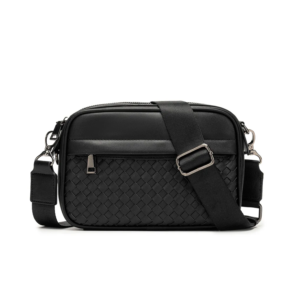 

2021 trendy leather Weave Shoulder Satchel small Bag for male, Black