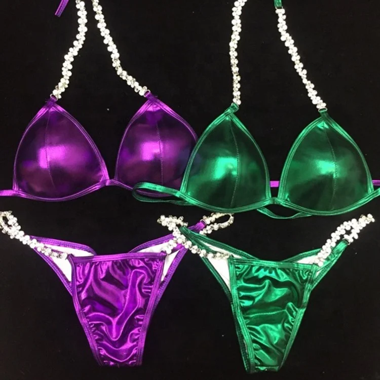 

Custom Jewelry Diamond Shinny Hologram Polyester Fabric Women's Bikini