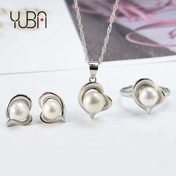 

Wholesale Simple Heart Freshwater Pearl Engagement Ring 925 Sterling Silver Necklace Sets Jewelry, White, purple
