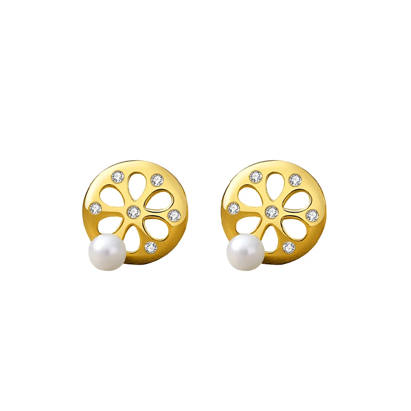 

Girls sweet cute stud earrings round Jewelry 925 Silver Gold Plated Flower Shell Pearl Earrings