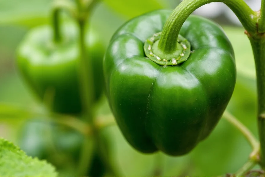 Close-up of fresh poblano peppers on plant showing dark green color and heart-shaped profile