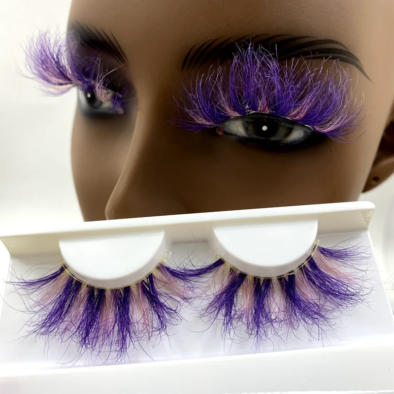 

luxury mink lashes 3d wispy fluffy eyelashes cruelty free 25mm color purple lash with paper eyelash boxes full strip lashes