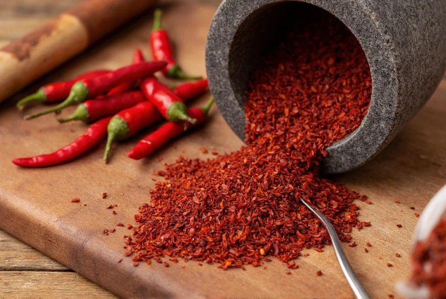 Close-up of dark red Turkish Urfa pepper flakes on wooden cutting board with whole peppers and mortar and pestle